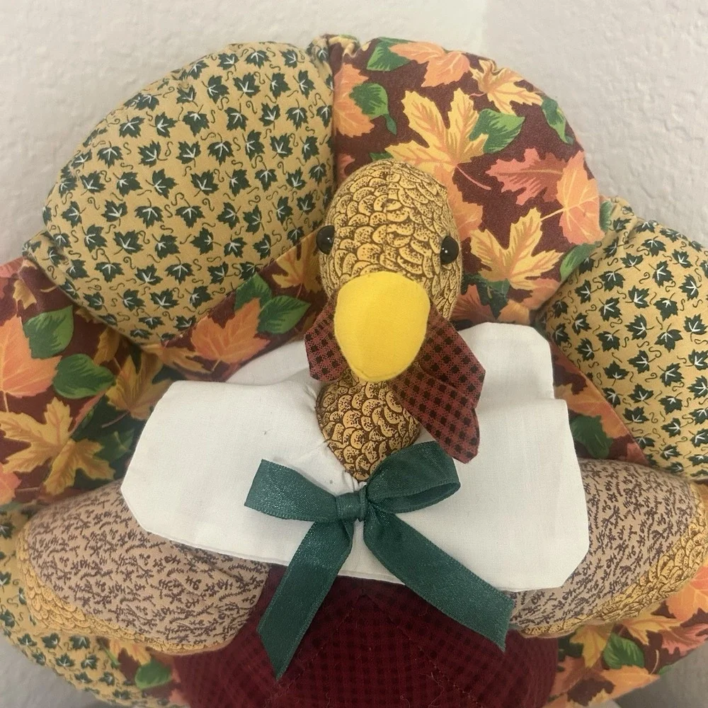 TWO Vintage Thanksgiving Patchwork Quilt Turkey Plush Centerpiece Folk Art